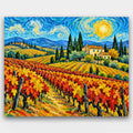 Swirling Harvest Vineyard paint by numbers kit of red and gold vineyard rows leading to a farmhouse under a swirling blue sky and sun