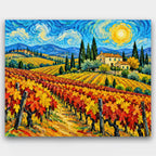 Swirling Harvest Vineyard paint by numbers kit of red and gold vineyard rows leading to a farmhouse under a swirling blue sky and sun