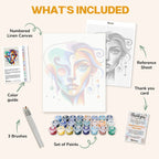 What's included in the Swirls of Identity paint by numbers kit: numbered linen canvas, reference sheet, color guide, 24 acrylic paints, 3 brushes and thank you card