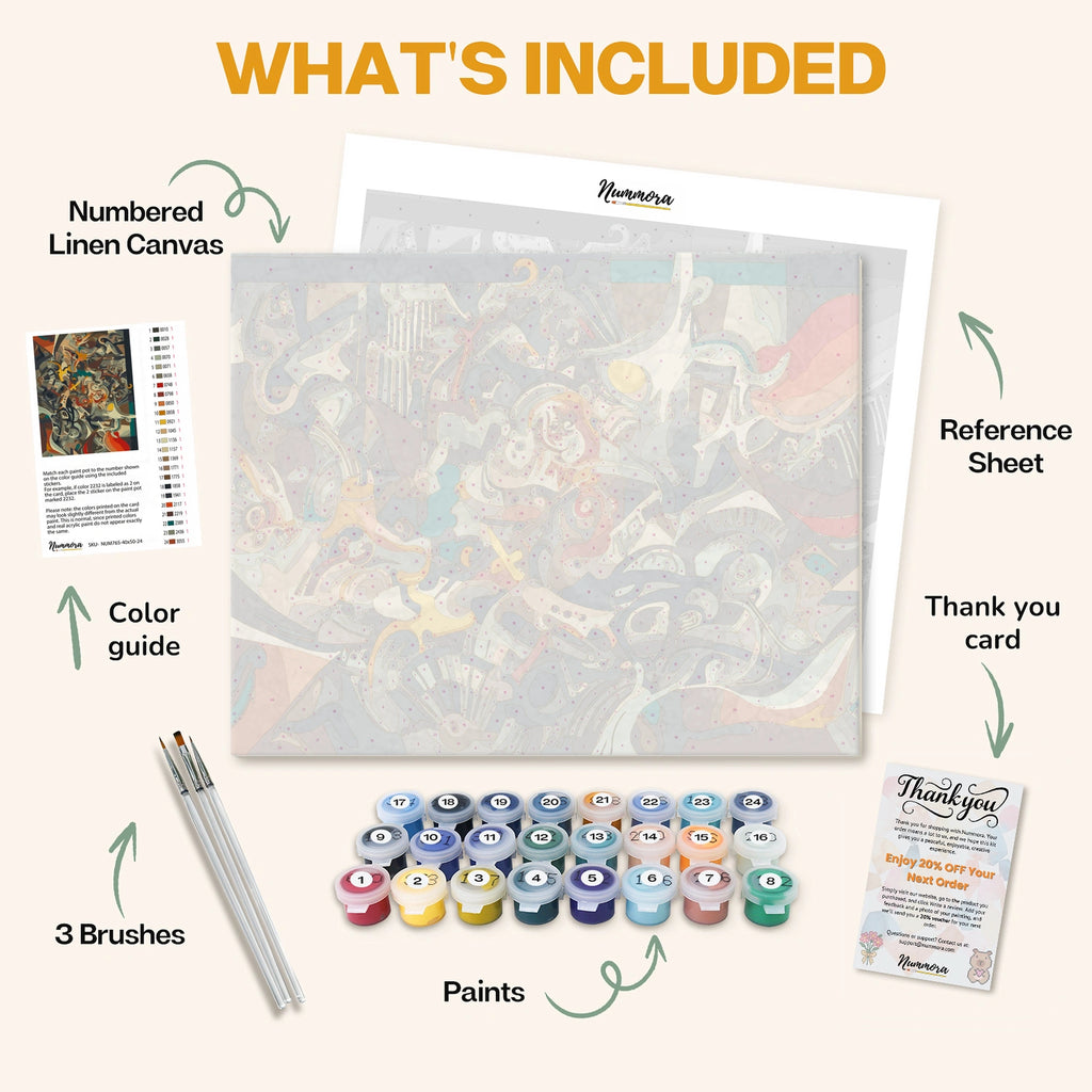 What's included in the Symphony of Chaos paint by numbers kit: numbered linen canvas, reference sheet, color guide, 24 acrylic paints, 3 brushes and thank you card