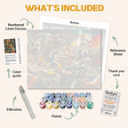 What's included in the Symphony of Chaos paint by numbers kit: numbered linen canvas, reference sheet, color guide, 24 acrylic paints, 3 brushes and thank you card