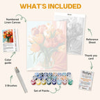 What's included in the Symphony of Tulips paint by numbers kit: numbered linen canvas, reference sheet, color guide, 24 acrylic paints, 3 brushes and thank you card