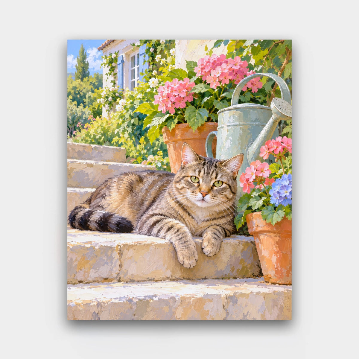 Tabby on the Garden Steps paint by numbers kit of a tabby cat lounging on stone garden steps beside flower pots and a watering can