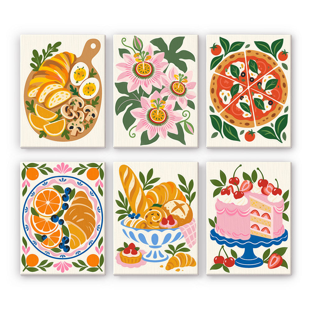 Tablecloth Treats mini paint by numbers set: six designs of a brunch board, passionflowers, pizza, croissant, pastries and cake