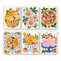 Tablecloth Treats mini paint by numbers set: six designs of a brunch board, passionflowers, pizza, croissant, pastries and cake