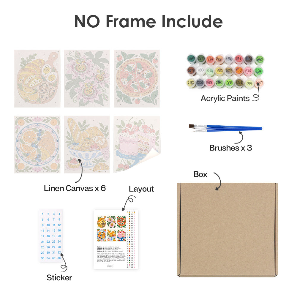 What's included without a frame: six rolled Tablecloth Treats mini canvases, acrylic paints, three brushes and layout