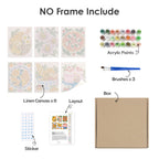 What's included without a frame: six rolled Tablecloth Treats mini canvases, acrylic paints, three brushes and layout