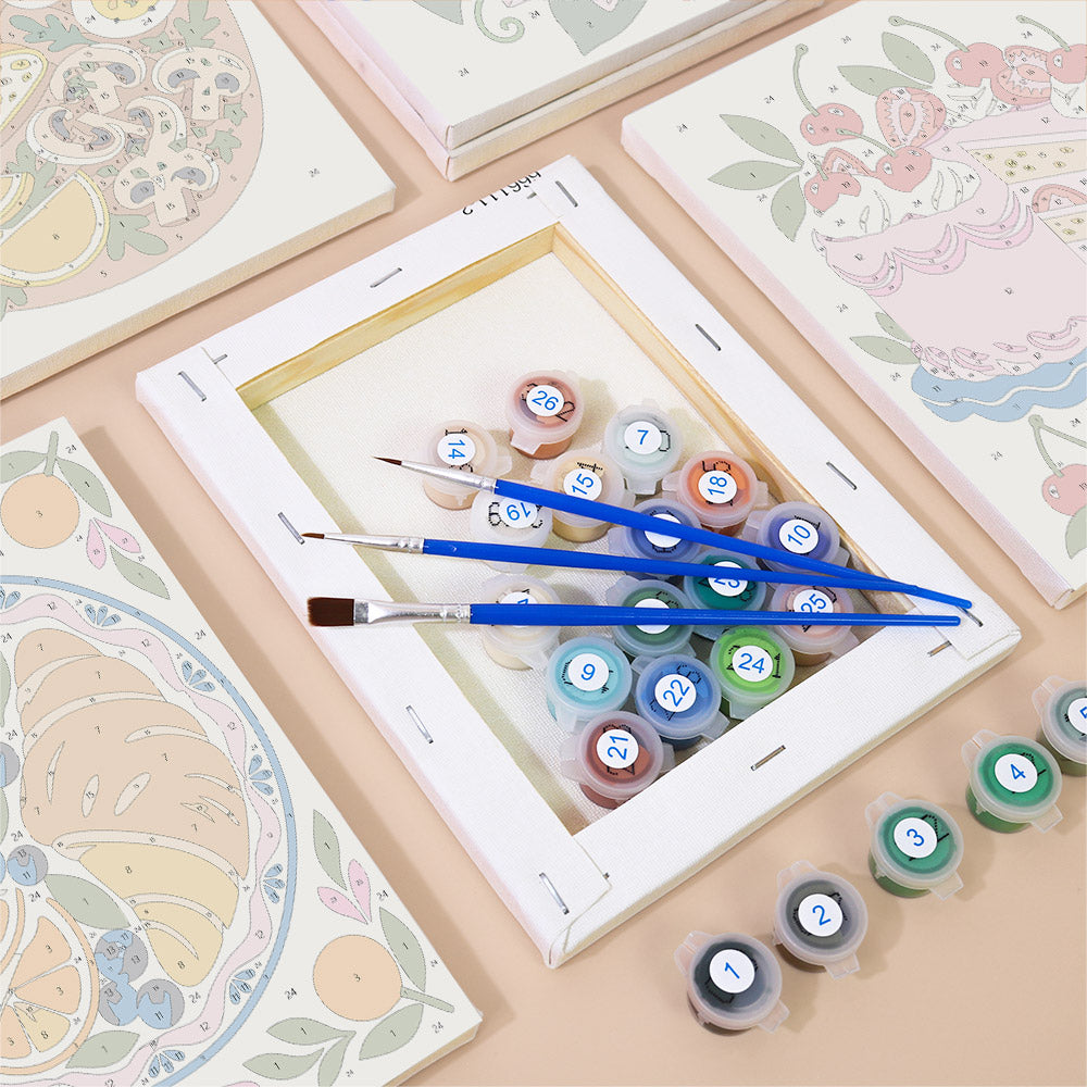 Numbered paint pots and brushes on a pre-stretched Tablecloth Treats mini canvas