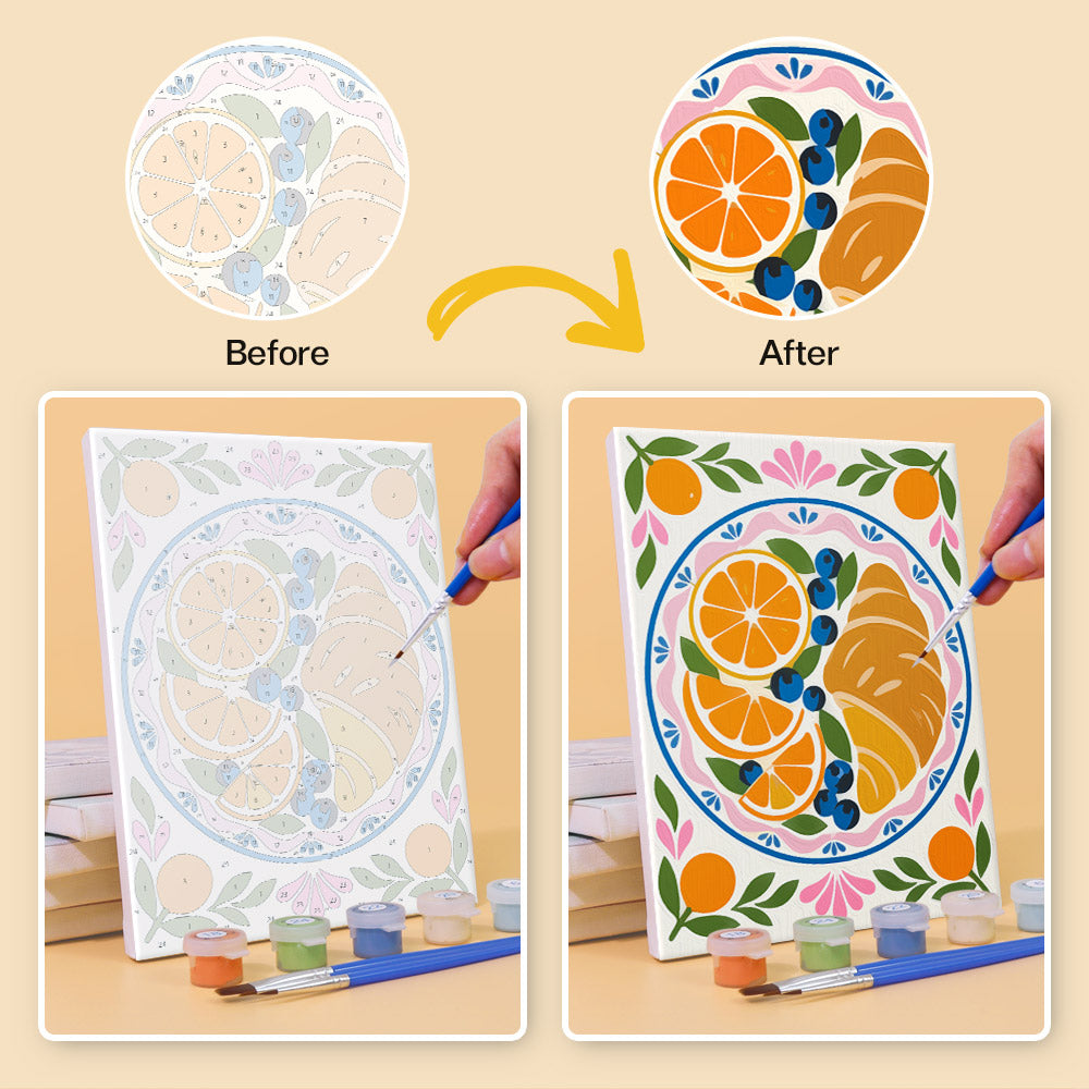 Before and after of a Tablecloth Treats mini paint by numbers canvas