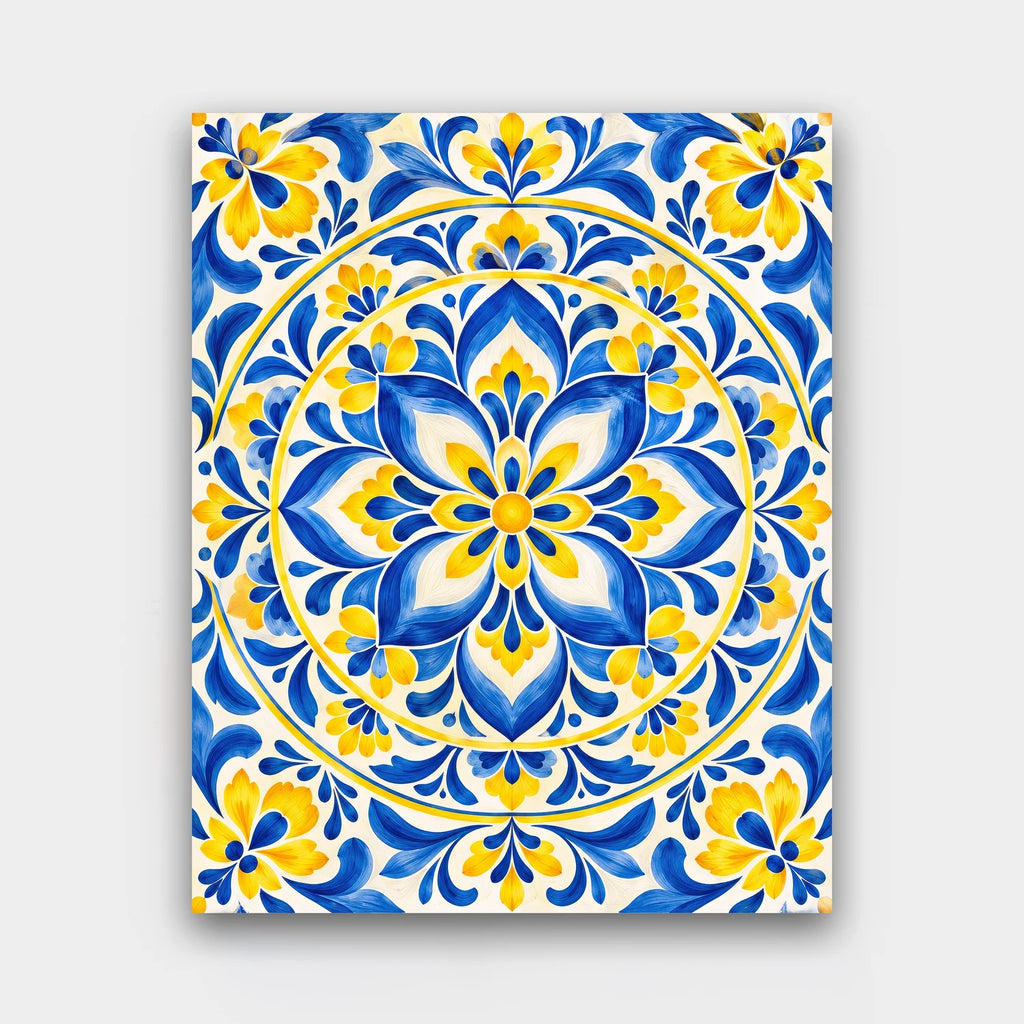 Talavera Mandala paint by numbers kit of a Talavera tile-inspired mandala in cobalt blue, yellow and white