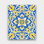 Talavera Mandala paint by numbers kit of a Talavera tile-inspired mandala in cobalt blue, yellow and white