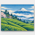 Tea Fields Below the Peak paint by numbers kit of curving green tea fields below a snow-capped mountain with cherry blossoms and a farmhouse