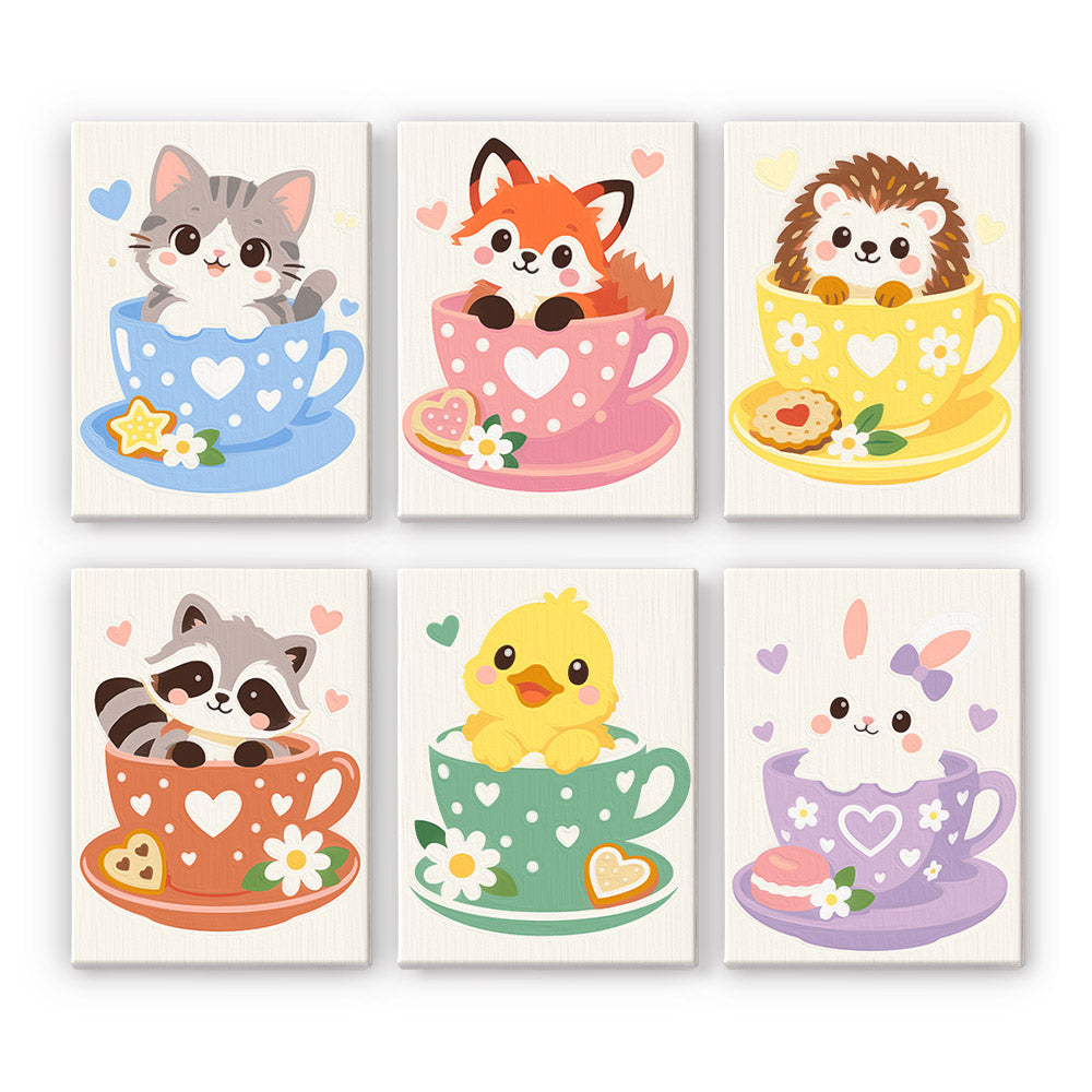 Teacup Critters mini paint by numbers set: six baby animals in pastel teacups, including a kitten, fox, hedgehog, raccoon, duckling and bunny