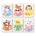 Teacup Critters mini paint by numbers set: six baby animals in pastel teacups, including a kitten, fox, hedgehog, raccoon, duckling and bunny