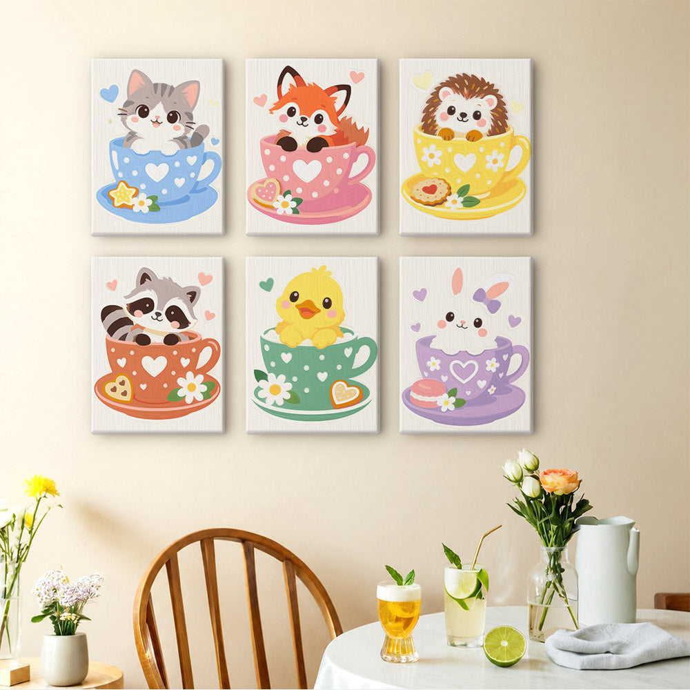 Teacup Critters mini paintings displayed as a gallery wall in a sunny kitchen