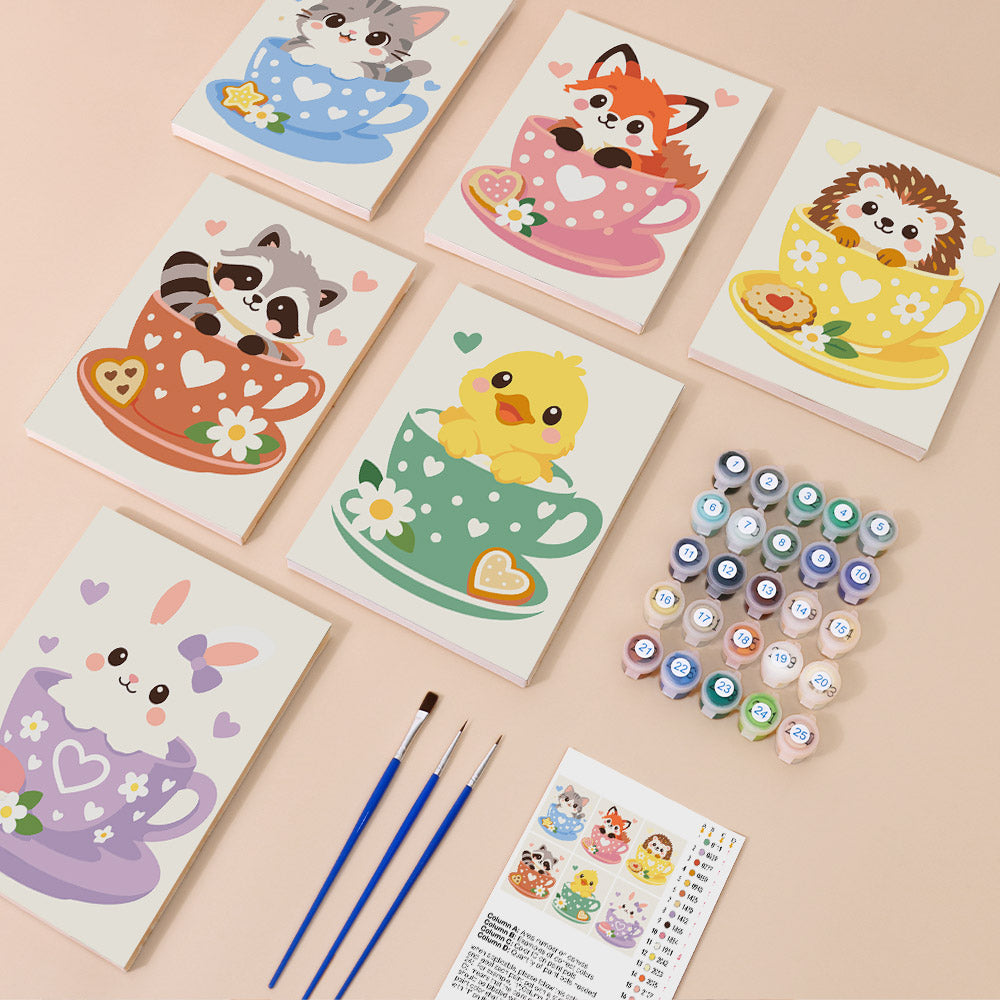 Teacup Critters mini paint by numbers kit with six numbered canvases, acrylic paints, brushes and layout