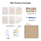 What's included without a frame: six rolled Teacup Critters mini canvases, acrylic paints, three brushes and layout