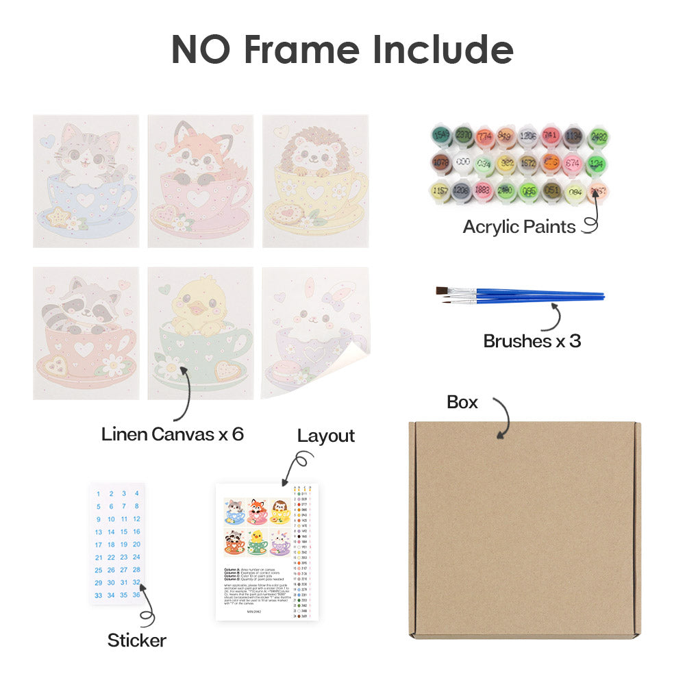 What's included without a frame: six rolled Teacup Critters mini canvases, acrylic paints, three brushes and layout
