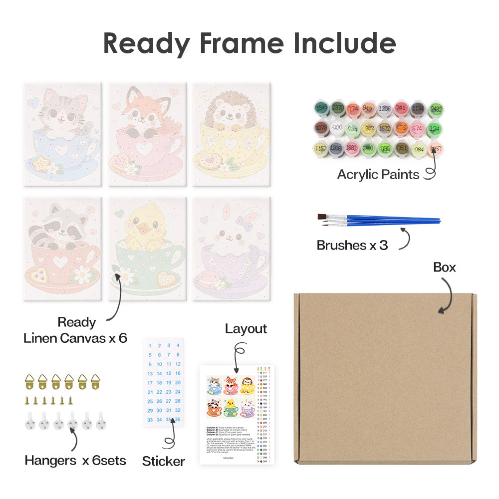 What's included pre-stretched on frame: six framed Teacup Critters mini canvases, paints, three brushes, hangers and layout