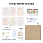 What's included pre-stretched on frame: six framed Teacup Critters mini canvases, paints, three brushes, hangers and layout