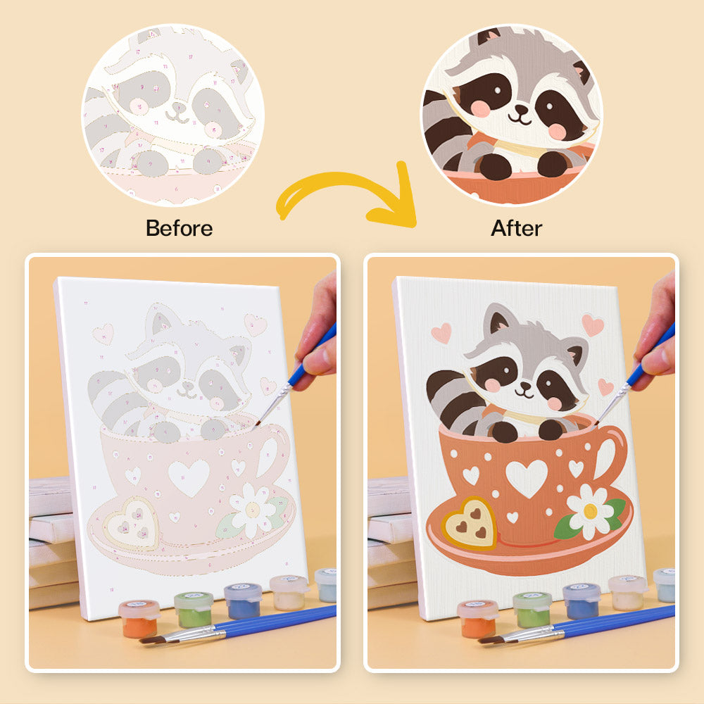 Before and after of a Teacup Critters mini paint by numbers canvas