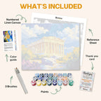 What's included in the Temple of Time paint by numbers kit: numbered linen canvas, reference sheet, color guide, 24 acrylic paints, 3 brushes and thank you card