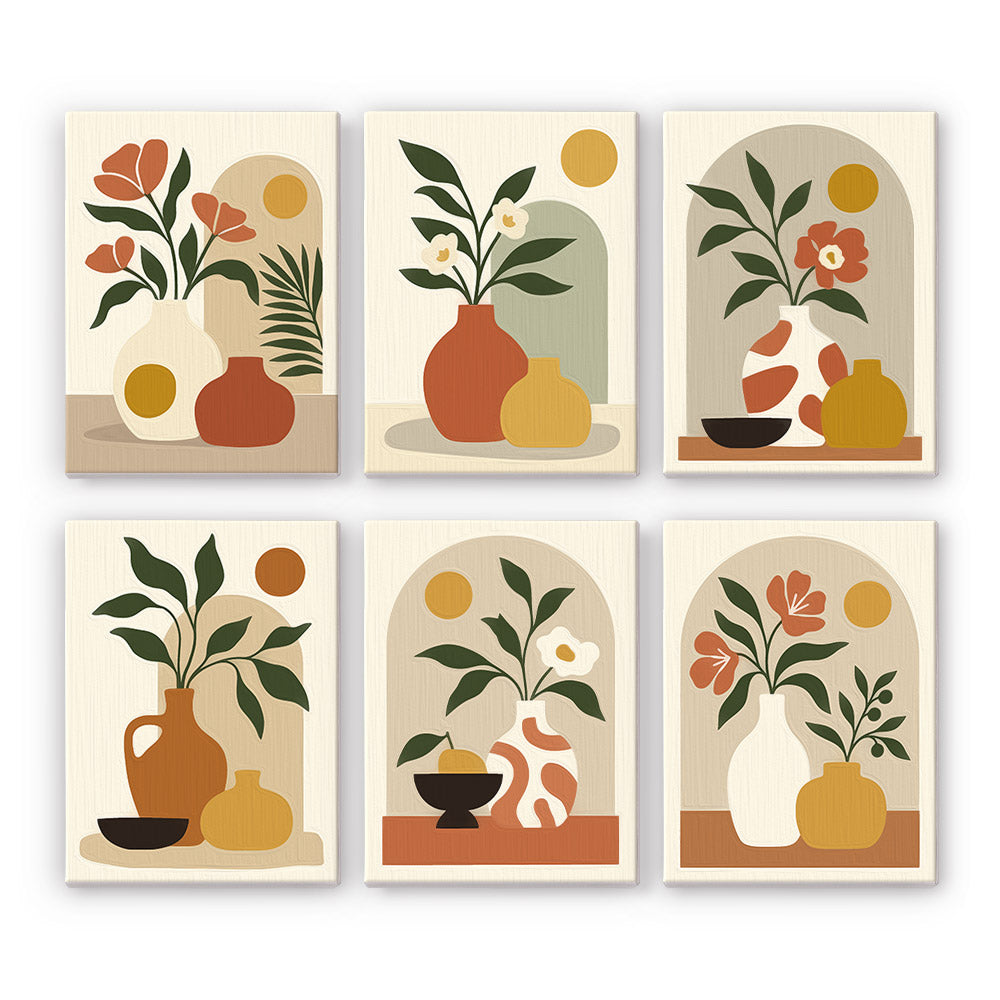 Terracotta Arches mini paint by numbers set: six boho still lifes of vases and leafy stems framed by arches