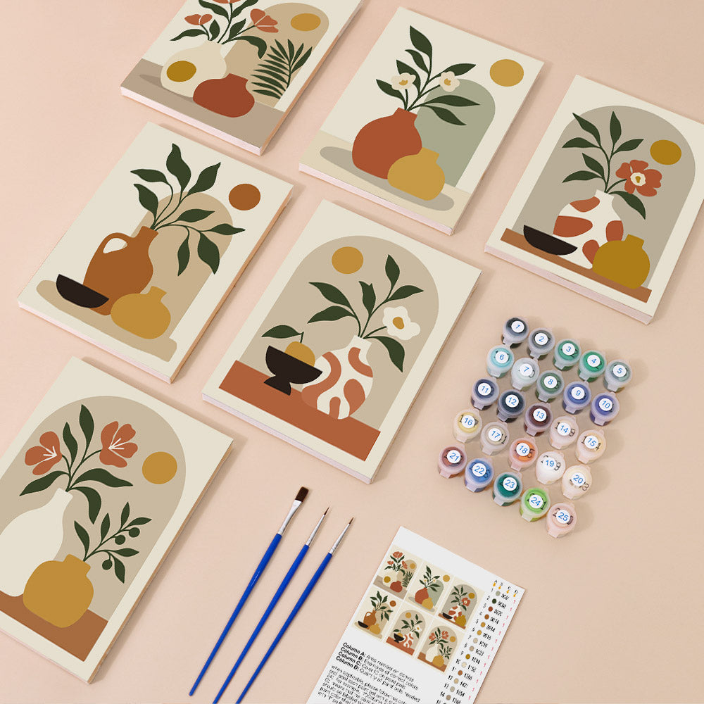Terracotta Arches mini paint by numbers kit with six numbered canvases, acrylic paints, brushes and layout
