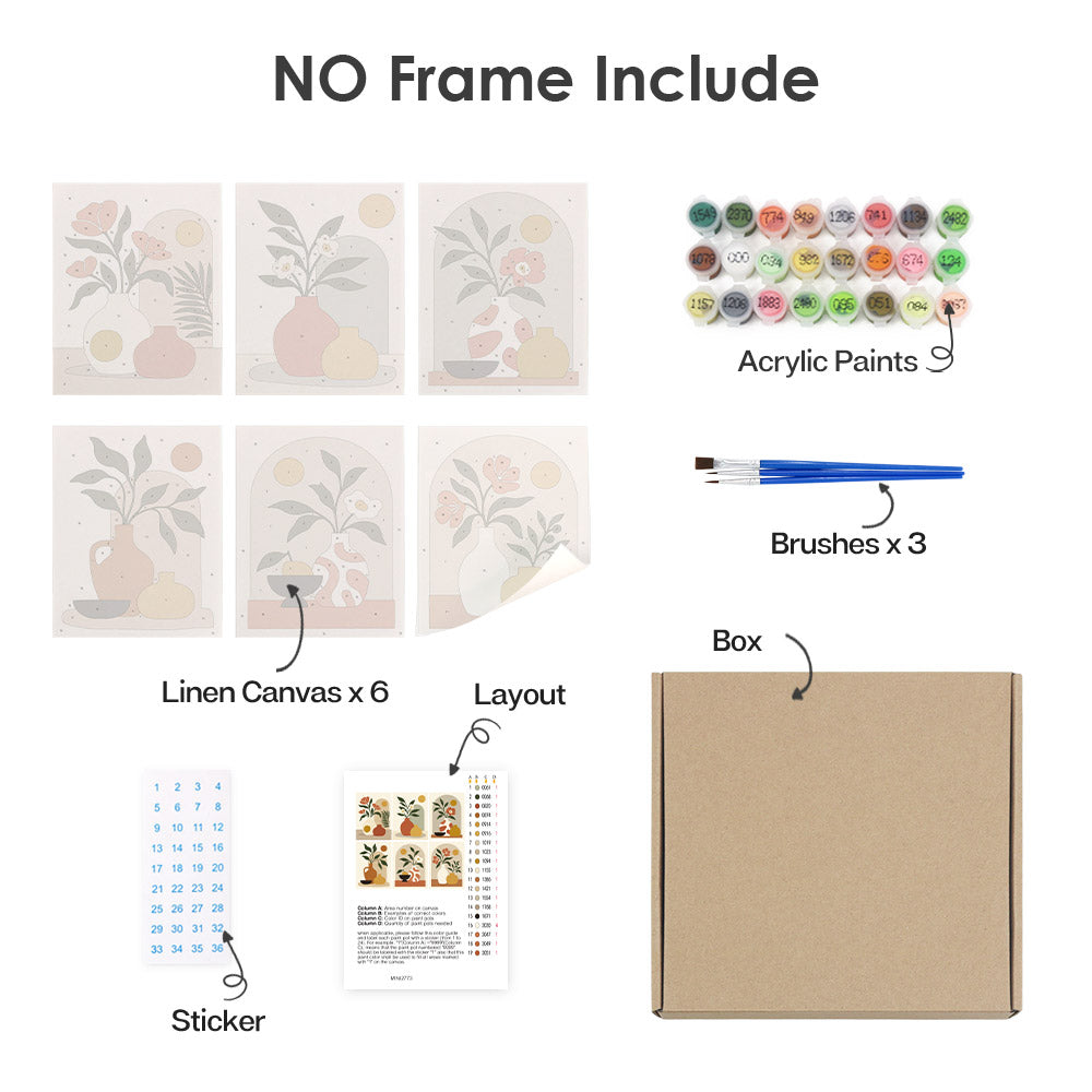 What's included without a frame: six rolled Terracotta Arches mini canvases, acrylic paints, three brushes and layout