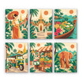 Thailand Escape mini paint by numbers set: six retro travel scenes, including a woman with a parasol, a golden temple, a fruit boat, a tuk-tuk, a market and an elephant