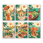 Thailand Escape mini paint by numbers set: six retro travel scenes, including a woman with a parasol, a golden temple, a fruit boat, a tuk-tuk, a market and an elephant