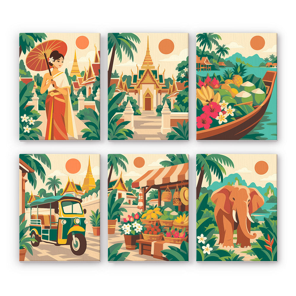 Thailand Escape mini paint by numbers set: six retro travel scenes, including a woman with a parasol, a golden temple, a fruit boat, a tuk-tuk, a market and an elephant