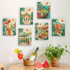 Six finished Thailand Escape mini paintings hung on a wall above a table