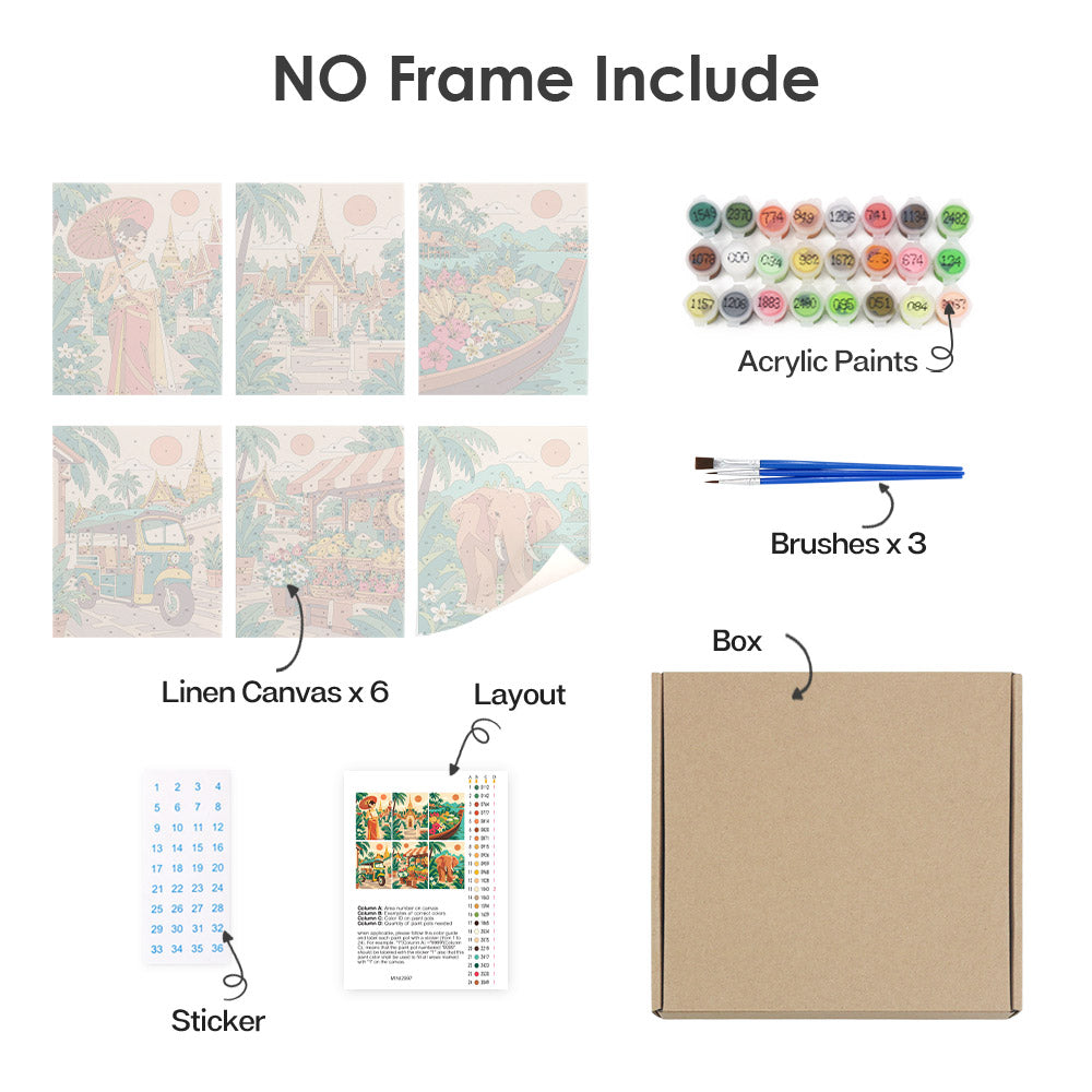 What's included without a frame: six rolled Thailand Escape mini canvases, acrylic paints, three brushes and layout