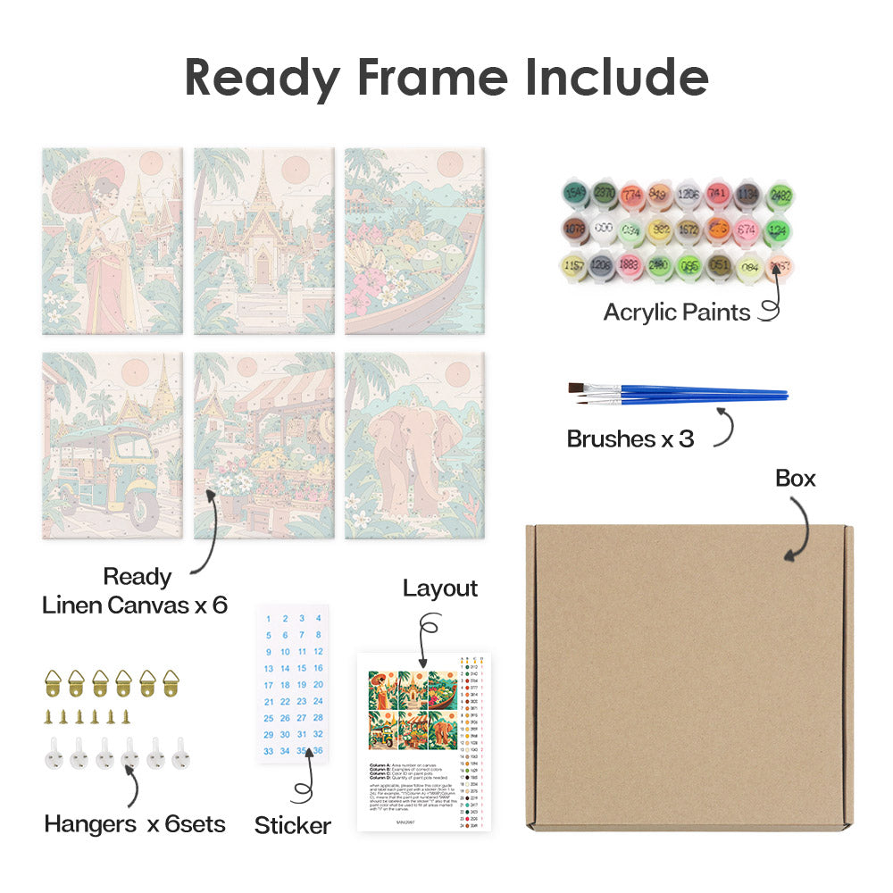 What's included pre-stretched on frame: six framed Thailand Escape mini canvases, paints, three brushes, hangers and layout