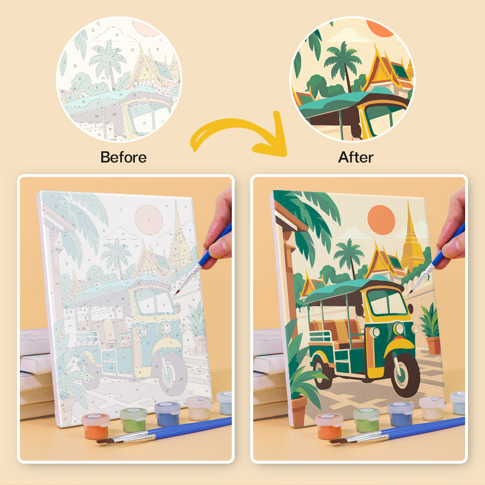 Before and after of a Thailand Escape mini paint by numbers canvas