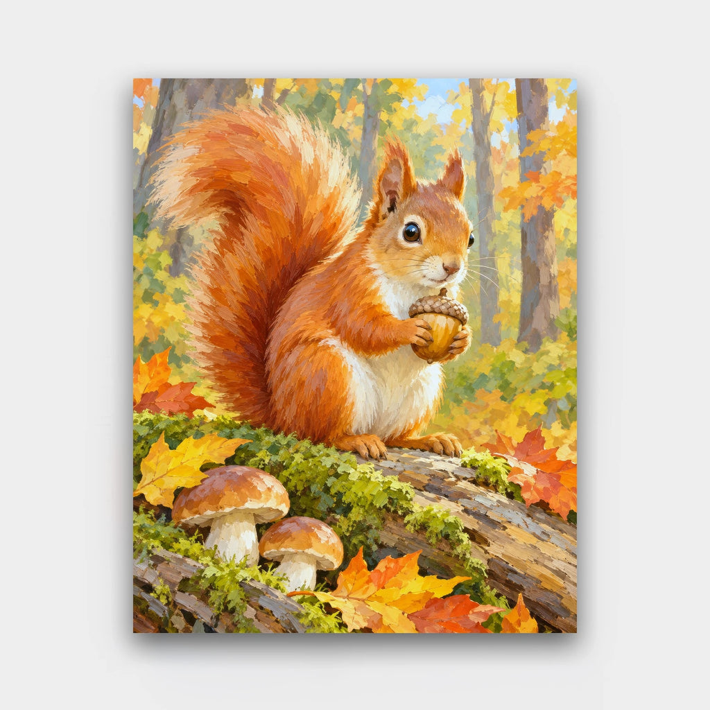 The Acorn Keeper paint by numbers kit of a red squirrel holding an acorn on a mossy log with mushrooms and autumn leaves