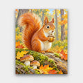 The Acorn Keeper paint by numbers kit of a red squirrel holding an acorn on a mossy log with mushrooms and autumn leaves