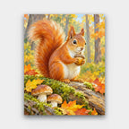 The Acorn Keeper paint by numbers kit of a red squirrel holding an acorn on a mossy log with mushrooms and autumn leaves