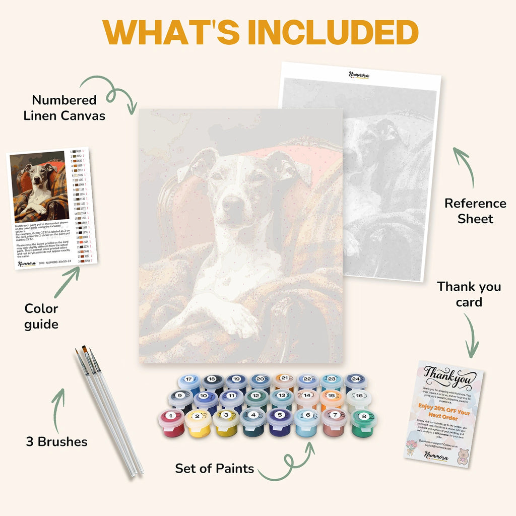 What's included in The Aristodog paint by numbers kit: numbered linen canvas, reference sheet, color guide, 24 acrylic paints, 3 brushes and thank you card