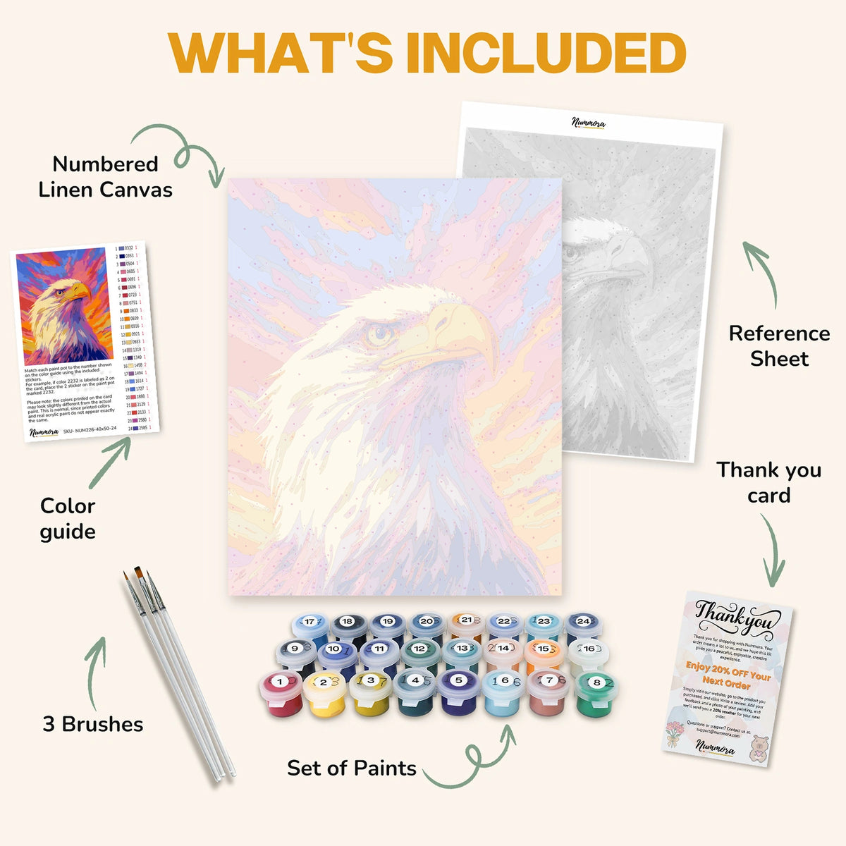 What's included in The Bald Eagle's Sunrise paint by numbers kit: numbered linen canvas, reference sheet, color guide, 24 acrylic paints, 3 brushes and thank you card