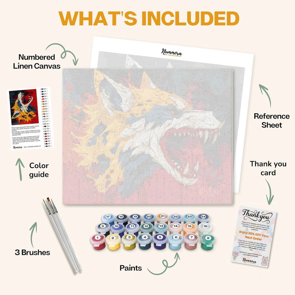 What's included in The Burning Wolf paint by numbers kit: numbered linen canvas, reference sheet, color guide, 24 acrylic paints, 3 brushes and thank you card