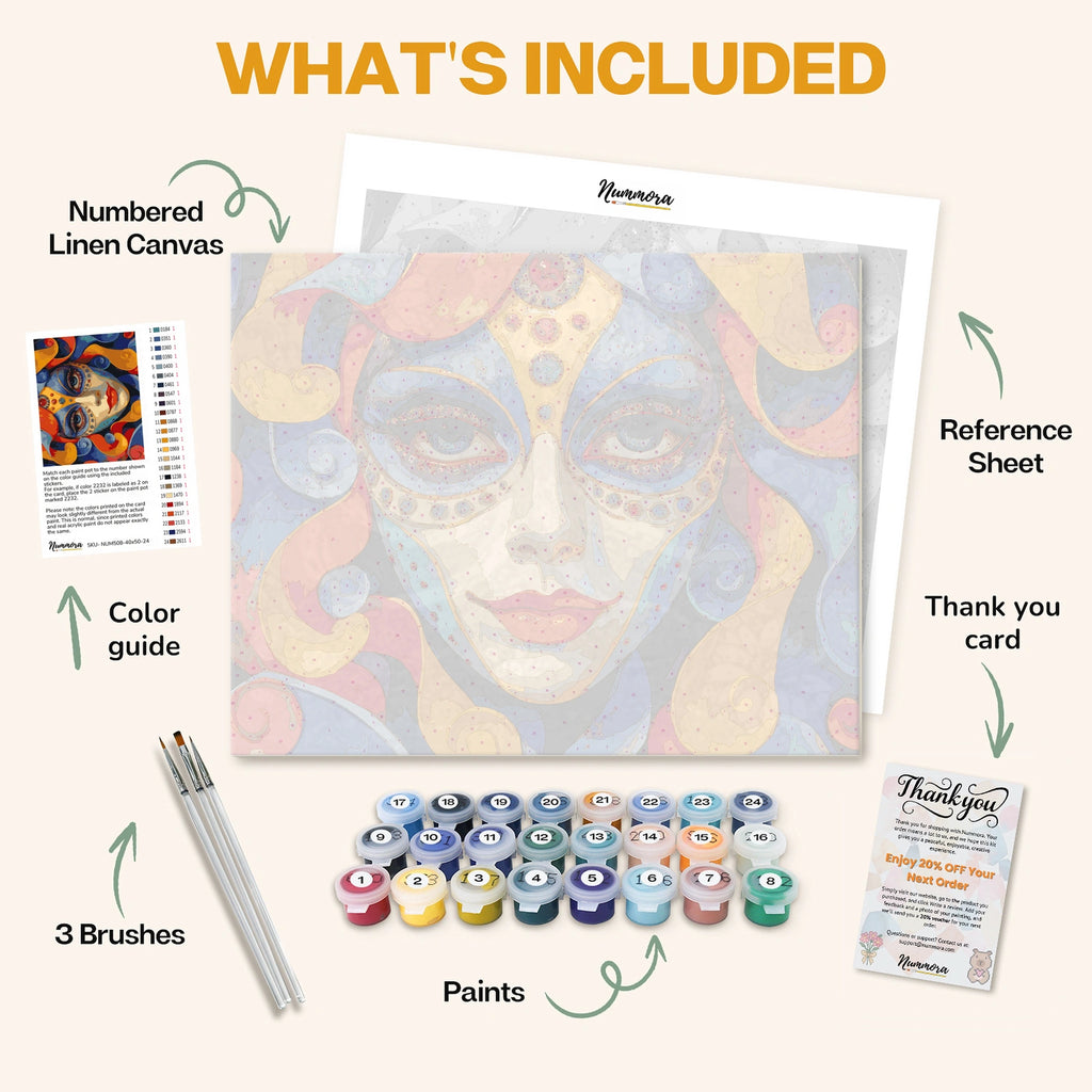 What's included in The Carnival’s Enchantment paint by numbers kit: numbered linen canvas, reference sheet, color guide, 24 acrylic paints, 3 brushes and thank you card