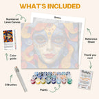 What's included in The Carnival’s Enchantment paint by numbers kit: numbered linen canvas, reference sheet, color guide, 24 acrylic paints, 3 brushes and thank you card