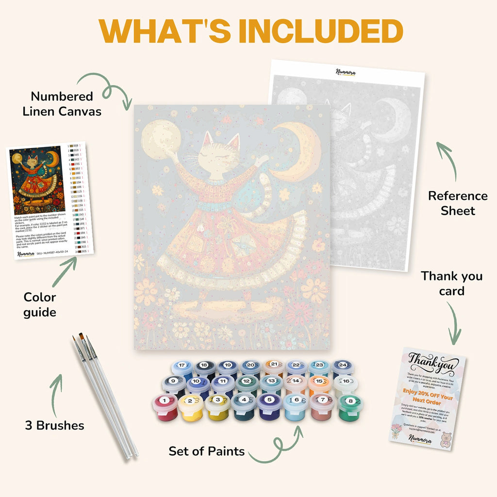 What's included in The Cat Who Dreamed paint by numbers kit: numbered linen canvas, reference sheet, color guide, 24 acrylic paints, 3 brushes and thank you card