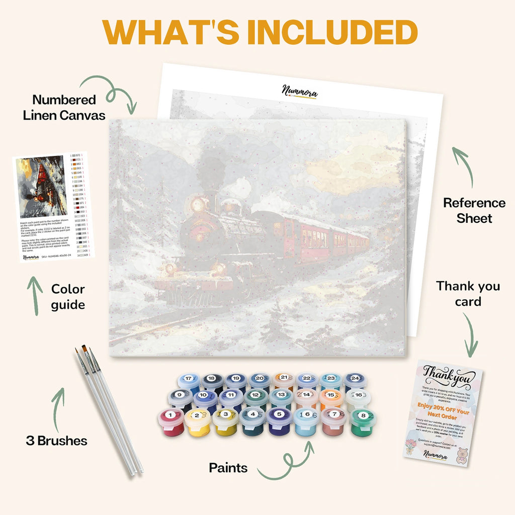 What's included in The Christmas Express paint by numbers kit: numbered linen canvas, reference sheet, color guide, 24 acrylic paints, 3 brushes and thank you card