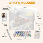 What's included in The Christmas Express paint by numbers kit: numbered linen canvas, reference sheet, color guide, 24 acrylic paints, 3 brushes and thank you card