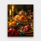 The Christmas Feast paint by numbers kit of a candlelit Christmas table with a roast, silver dishes, oranges, pomegranates and goblets