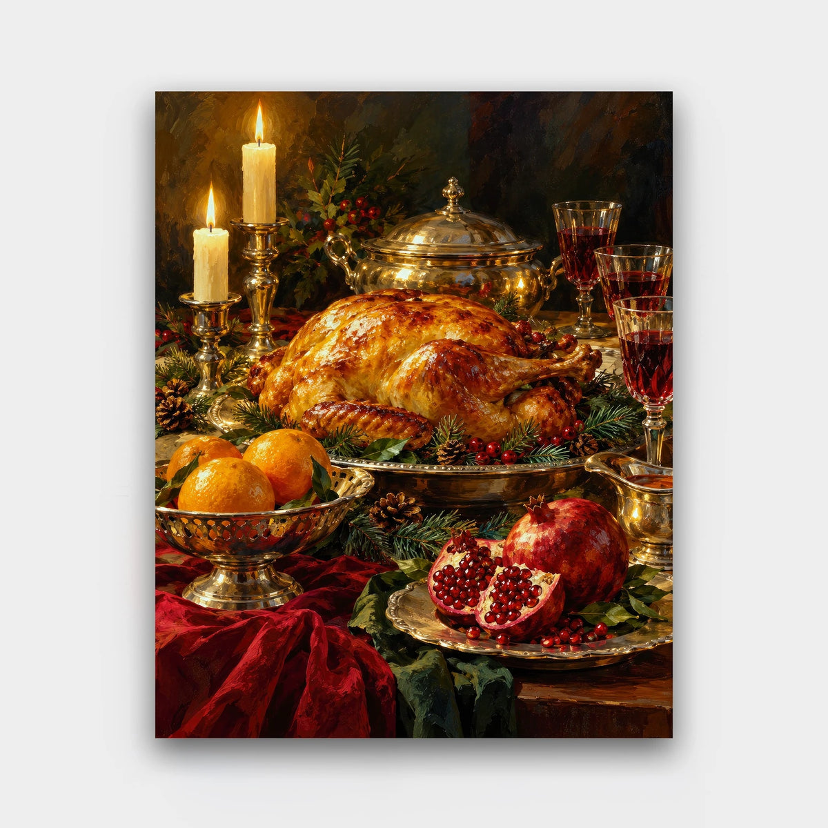 The Christmas Feast paint by numbers kit of a candlelit Christmas table with a roast, silver dishes, oranges, pomegranates and goblets