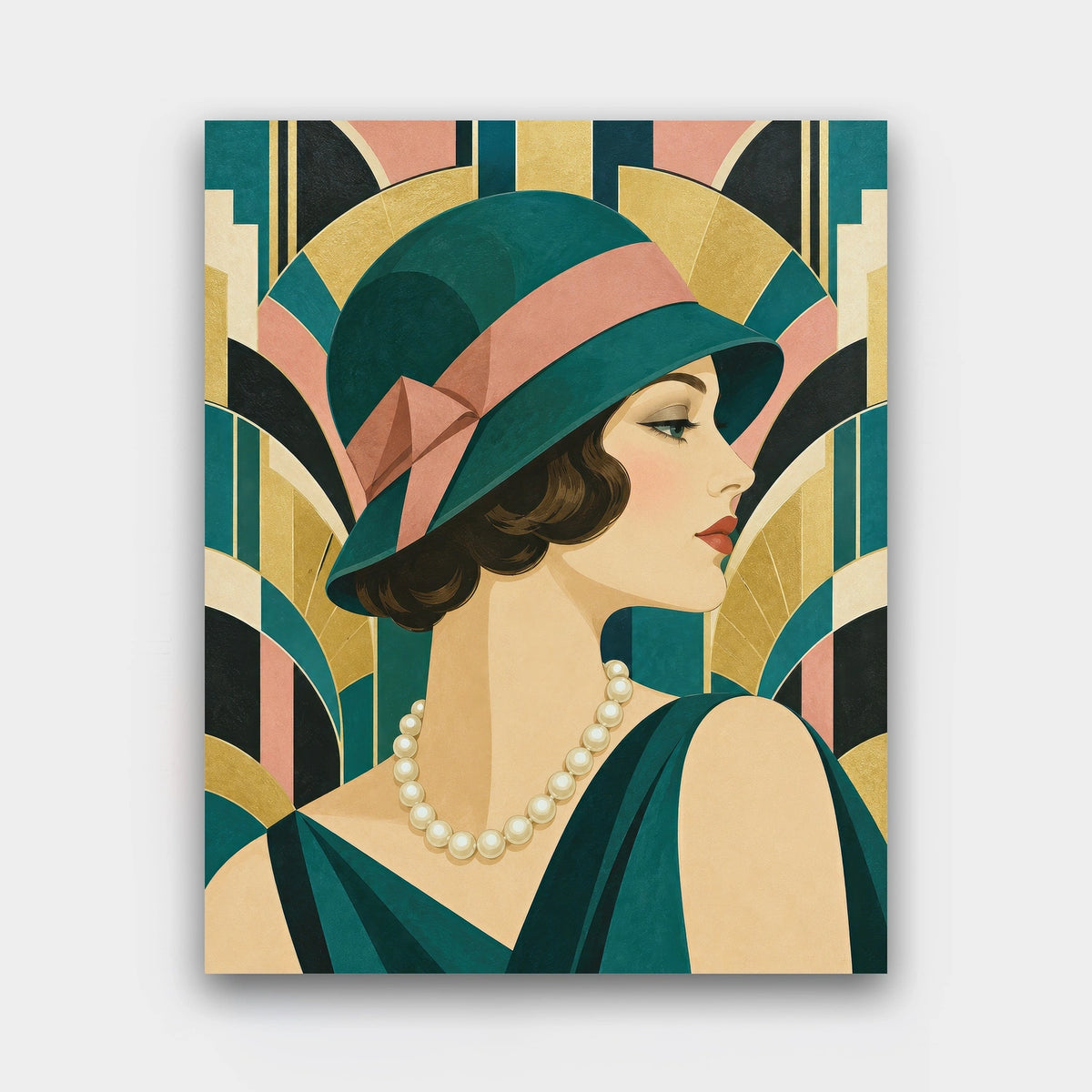 The Cloche Hat paint by numbers kit of a 1920s woman in a teal cloche hat and pearls in profile against geometric shapes